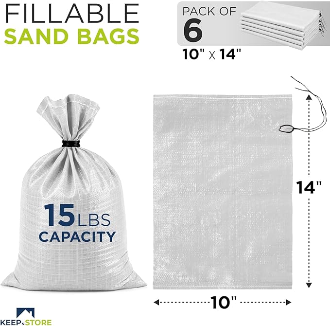 Heavy Duty Sand Bags Pack of 6, White Empty Sandbags with Built-In Ties, Woven Polypropylene UV Protection 1600 Hours, Fillable Bags for Flood Control, Weight, 10x14 inches, 15 Pounds Volume