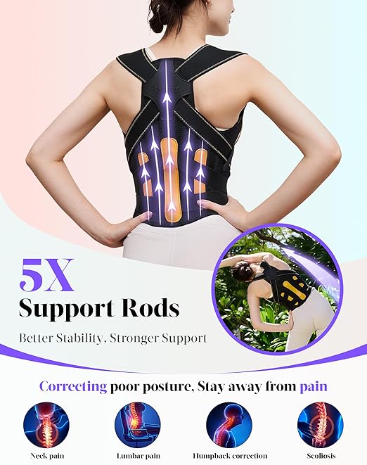 Posture Corrector for Women and Men, 5 Full Back Support Brace Rods, FSA&HSA Eligible, Adjustable Shoulder Straightener, Improving Hunchback Posture, Upper and Lower Back, Neck Pain Relief, Small