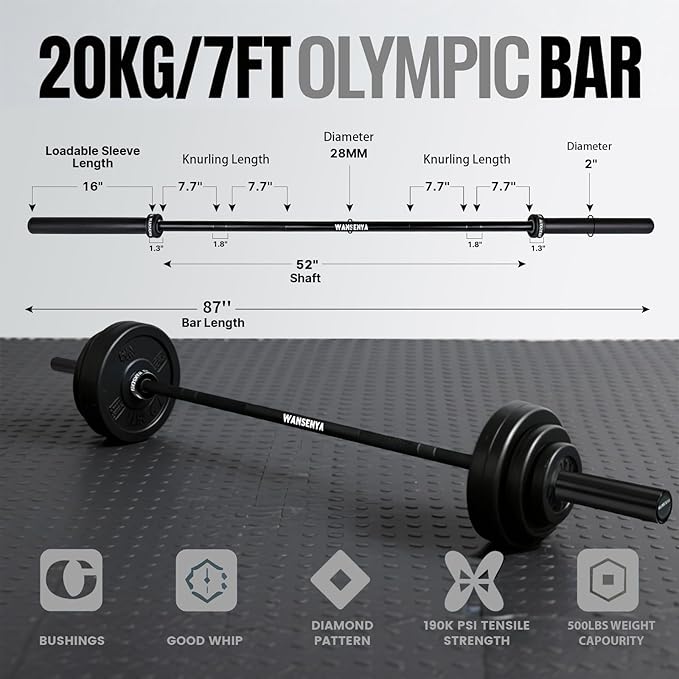 7FT Olympic Barbell 45lb,28MM 2 Inch Olympic Bar for 500/700lbs Capacity with No. 45 Steel,Olympic Weight Bars for Lifting,CrossFit,Bench Press,Deadlift,Squats,Strength Training bars