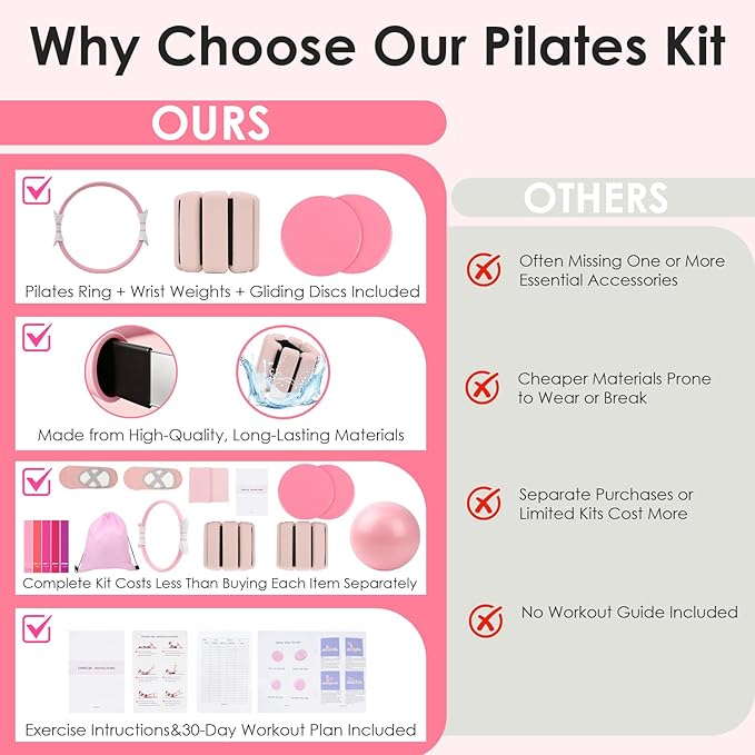 16 PCS Pink Pilates Ring and Ball Set for Women with 15" Magic Circle, Home Pilates Equipment Kit with Adjustable 1LB Ankle Wrist Weight, Resistance Band, Gliding Discs, Pilates Essentials Accessories