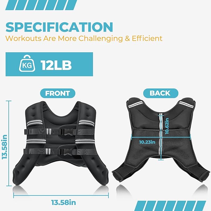 Weighted Vest, 8lb/12lb/16lb/20lb Weight Vest with Reflective Stripes for Men Women, Two Adjustment Straps for Workout, Strength Training, Running, Fitness, Muscle Building, Weight Loss