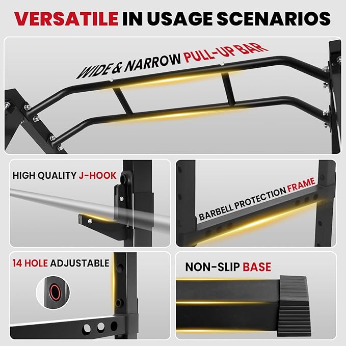 Power Cage 1800 LBS, Multi-Functional Squat Rack and Bench Rack Combos with Adjustable Cable Pulley System for Home Gym, Pull-up Bar, J-Hooks, Landmine Attachments (Power Rack Only)