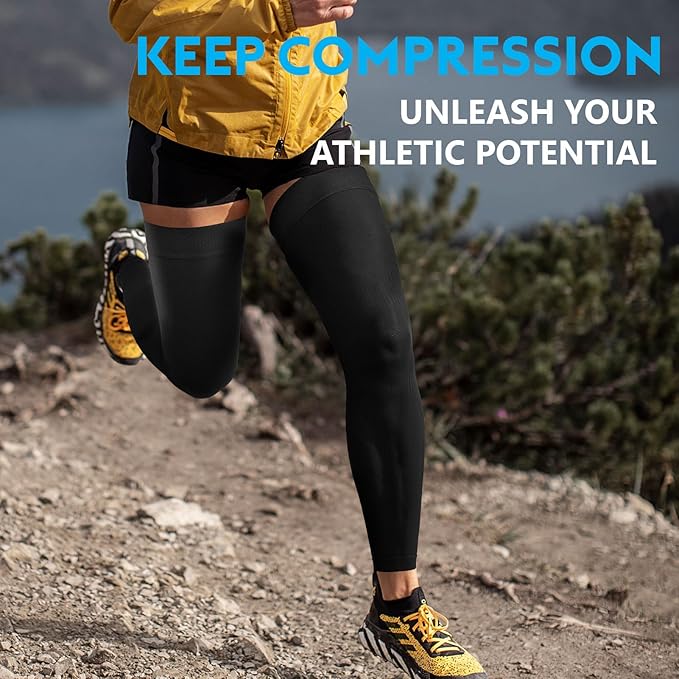 KEKING Full Leg Compression Sleeves, Unisex, Thigh High Compression Stocking 20-30mmHg Graduated Support for Thigh Calf Knee, Running, Basketball, Reduce Varicose Veins and Swelling, All Black XXL