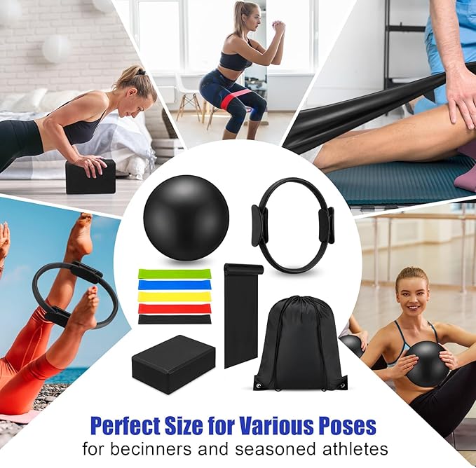 Silipull 10 Pcs Pilates Ring Blocks Set for Women Home Yoga Equipment Accessories Pilates Ring Circle and Ball Workouts Gift Include Ball Yoga Circle Resistance Bands Block Straps Gym Bag