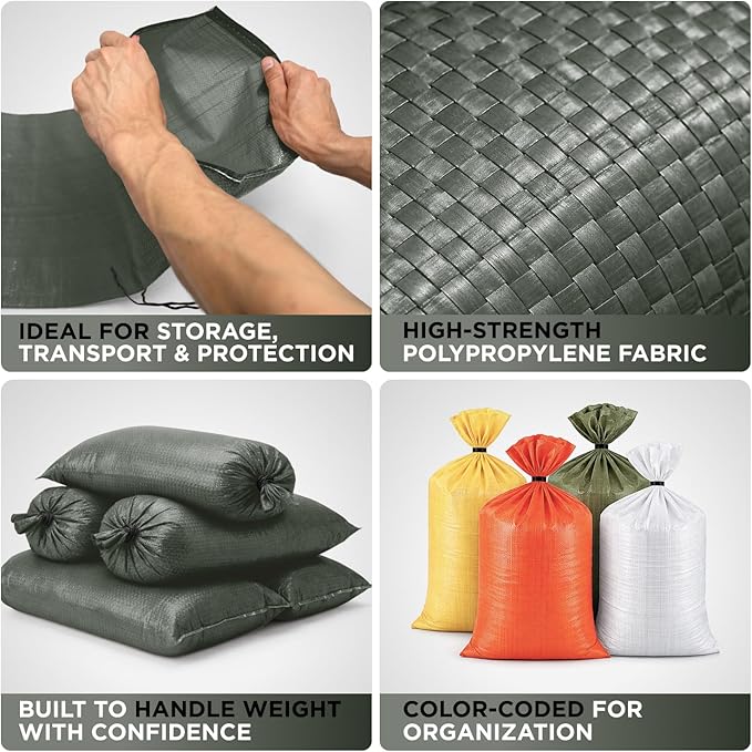 Heavy Duty Sand Bags Pack of 5, Army Green Empty Sandbags with Built-In Ties, Woven Polypropylene UV Protection 1600 Hours, Fillable Bags for Flood Control, Weight, 30x36 inches, 150 Pounds Volume