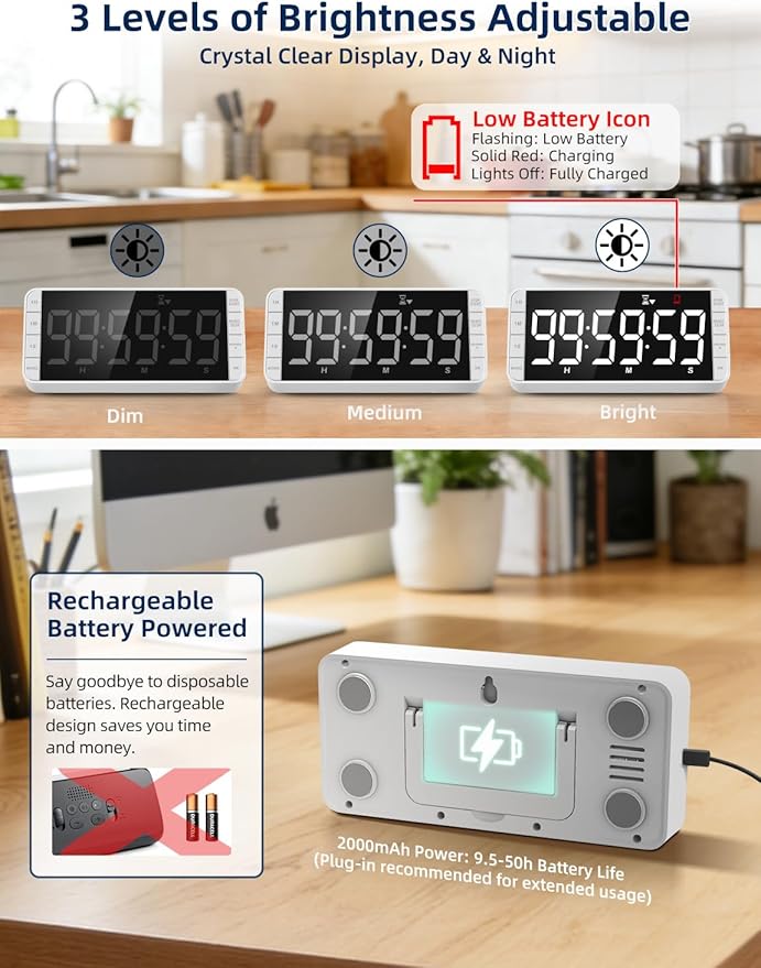 7.8" Digital Kitchen Timer with Large LED Display, Magnetic Rechargeable Countdown Timer, 5 Alarms & 4 Volume Levels, 99H Count Up/Down Timer for Cooking, Classroom & Study