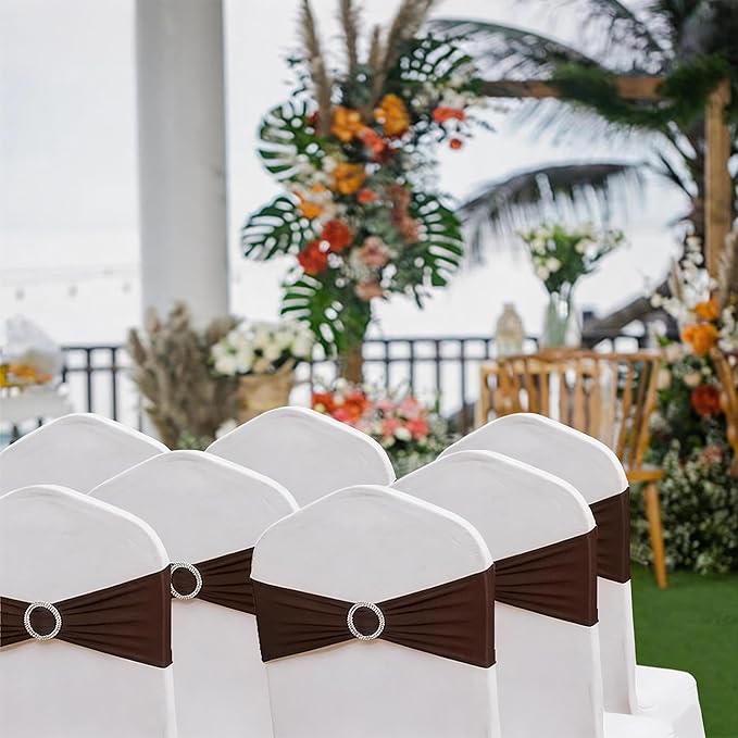 100PCS Stretch Wedding Brown Chair Sashes Bands with Buckle Slider Sashes Bow Decorations 25 Colors (Chocolate)