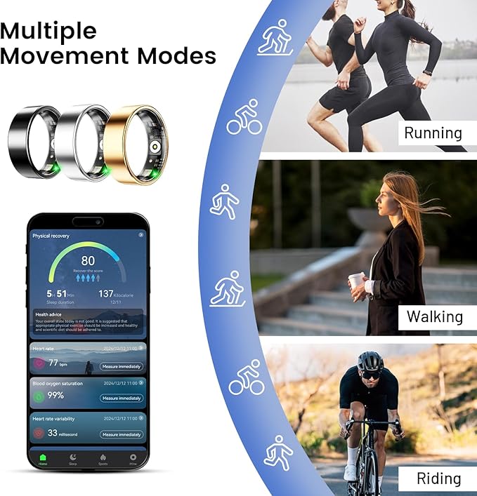 Mirlray Smart Ring for Women & Men, Smart Ring Health Tracker, Blood Oxygen & Heart Rate Monitor Sleep Ring, Waterproof Fitness Ring, Long Lasting Battery Smart Rings (Black, #6)