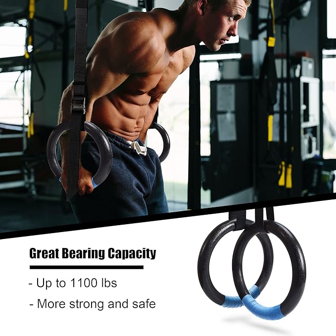 PACEARTH Gymnastic Rings 1100lbs Capacity with 14.76ft Adjustable Buckle Straps Pull Up Exercise Rings Non-Slip Rings for Home Gym Full Body Workout