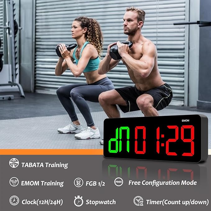 Gym Clock Timer for Tabata/FGB/EMOM,Interval Workout with Large LED Display,Digital Wall Clock with Seconds | Fitness Timer with Remote Control for Classroom Home Garage Office