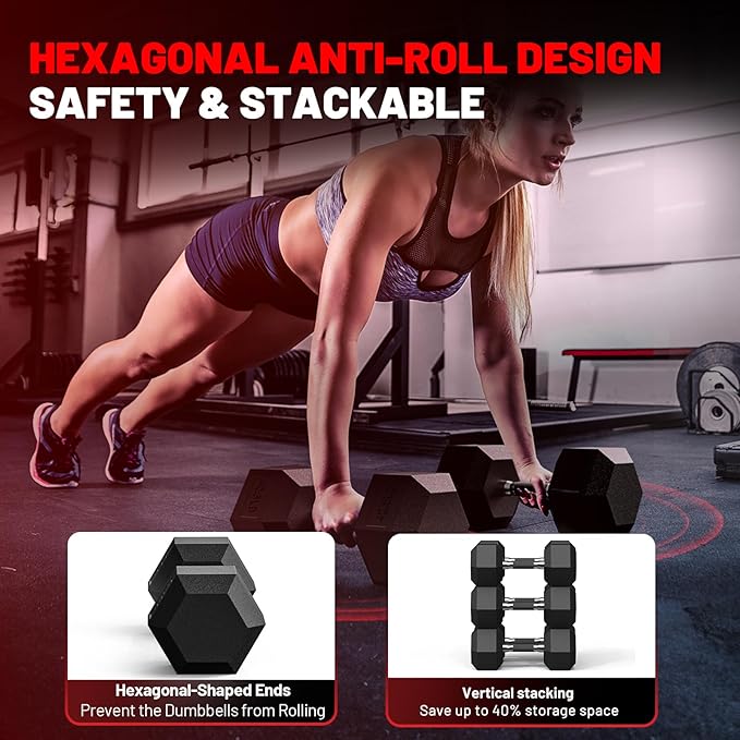 PAPABABE Hex Dumbbell Set with Rubber Grip 2.5-125lb, Odorless Rubber Coated Weight Fixed Dumbbells Set of 2, Weights for Women at Home, Hand Weights for Home Gym & Strength Training,Pesas Para Ejercicios
