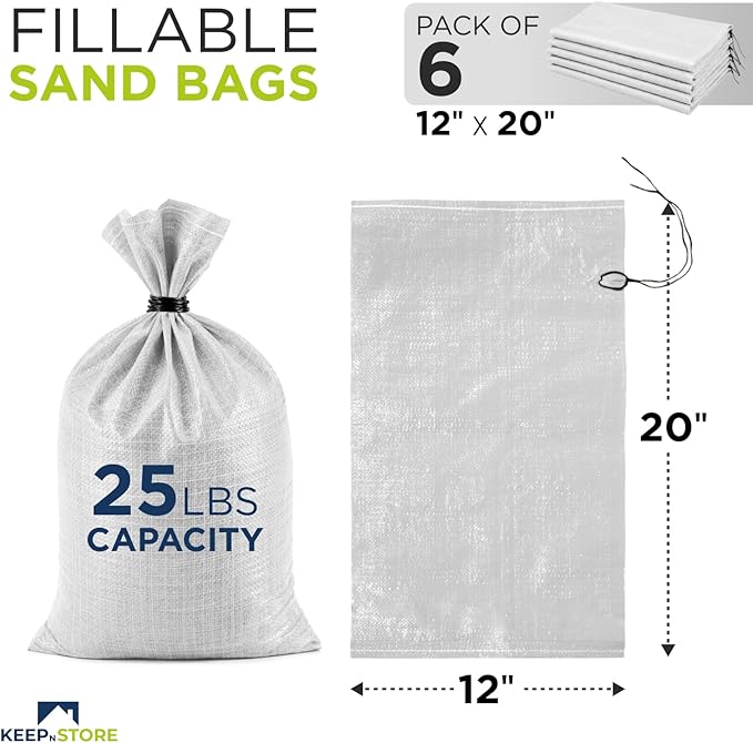 Heavy Duty Sand Bags Pack of 6, White Empty Sandbags with Built-In Ties, Woven Polypropylene UV Protection 1600 Hours, Fillable Bags for Flood Control, Weight, 12x20 inches, 25 Pounds Volume