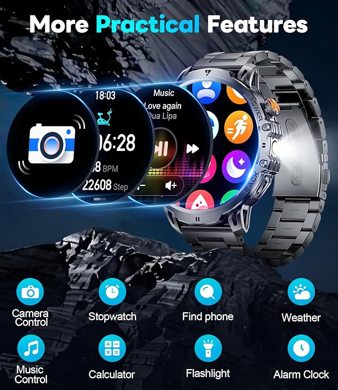 LIGE Military Smart Watches for Men(2 Bands),1000mAh/1.85" HD Large Screen Smartwatch, Flashlight/110+ Sports Modes/IP68 Waterproof/Sleep Monitor, Fitness Tracker Watch for Android iOS,Matte Black