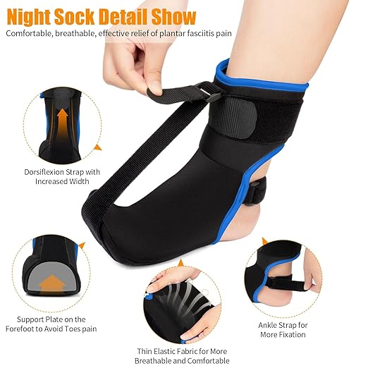 Plantar Fasciitis Night Splint Sock with Hand-Held Massage Tool Upgraded Soft Plantar Fasciitis Brace for Women Men for Achilles Tendonitis Foot Drop Heel Spur Pain Relief Black-Blue (Large)