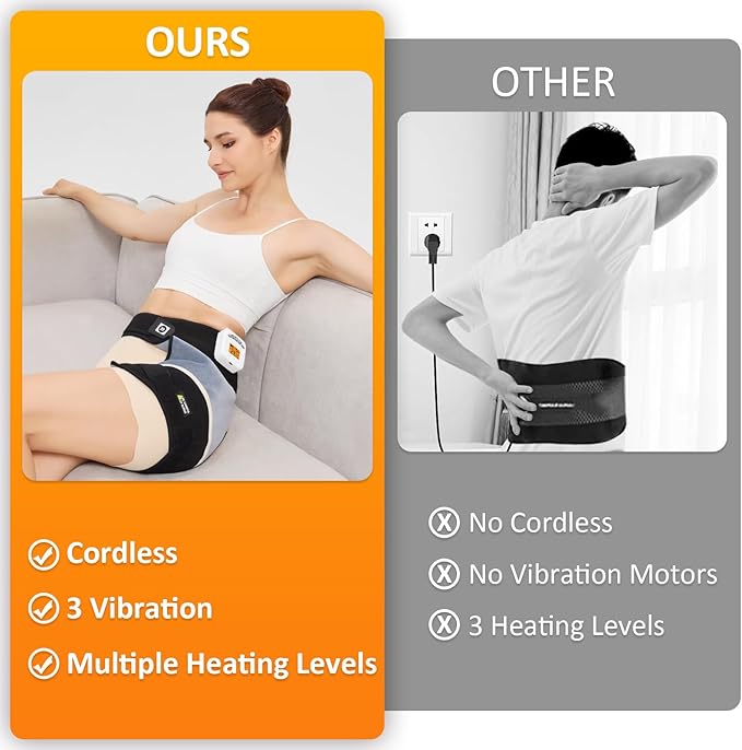 Cordless Hip Heating Pad for Hip/Sciatica Pain Relief,Massager Vibration Low Noise Upgraded 5000mAh Rechargeable Battery Heating Pad for Hip,Heated Wrap for Lower Back, Buttocks,Auto Shut Off