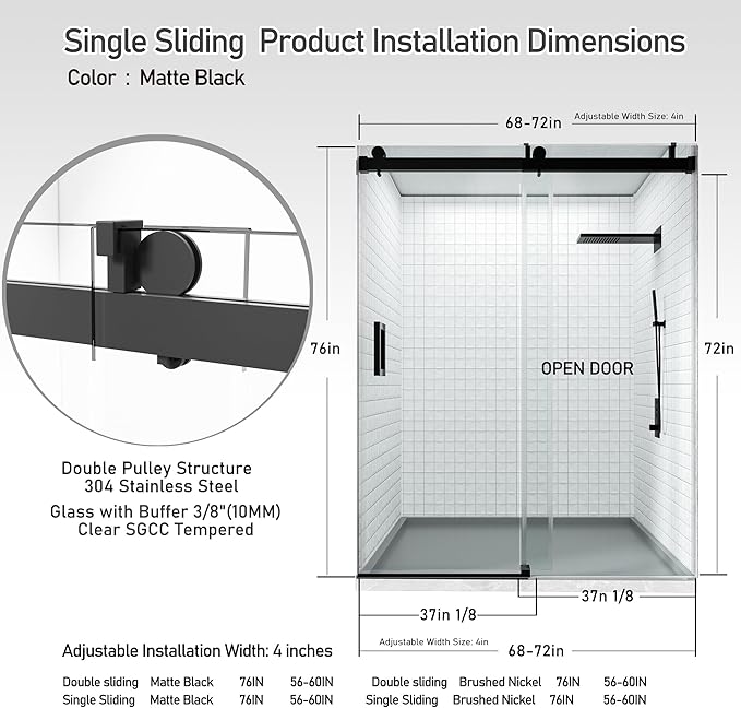 68-72" W x 76" H Shower Door,Frameless Shower Door,Single Sliding Glass Shower Door with 3/8" (10mm) Clear SGCC Tempered Glass, Roller Disc System(Matte Black, 72" Wx76 H-Single Sliding)