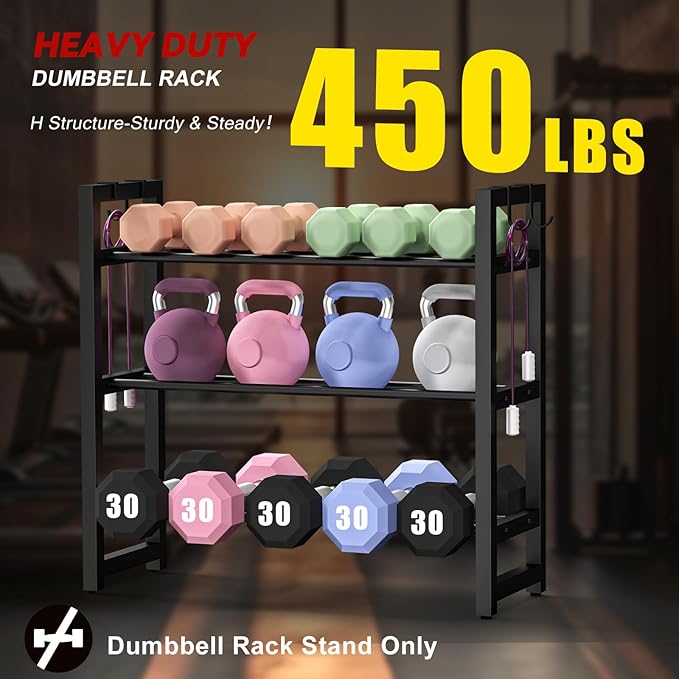 3 Tier Compact Weight Rack for Dumbbells, Adjustable Weight Storage Racks with Side Hooks, Space-Saving Home Gym Rack for Dumbbells Kettlebells & Fitness Accessories, Small Dumbbell Rack 𝐆𝐢𝐟𝐭𝐬 𝐟𝐨𝐫 𝐌𝐨𝐭𝐡𝐞𝐫‘𝐬 𝐃𝐚𝐲