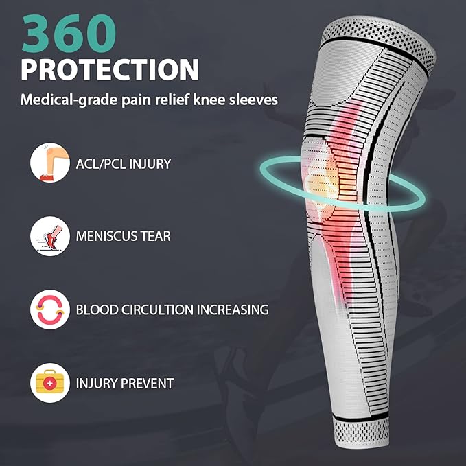 2 Pack Full Leg Compression Sleeves for Men And Women Long Knee Brace Support for Basketball, Running, Workout, Cycling, Sport