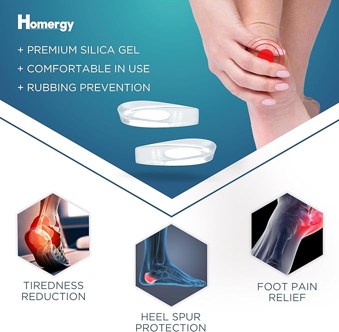 Heel Cups for Achilles Tendonitis & Plantar Fasciitis - 2 Pack Gel Shoe Inserts for Heel Pain Relief, Arch Support, for Women & Men