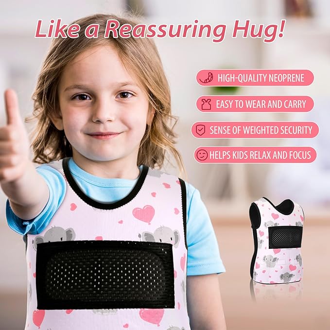 Janmercy Weighted Vest for Kids Ages 4 to 7 and Ages 8+ Boy Girl Adjustable Breathable Compression Vest for Processing Issue(Elephant,Small,Pink)