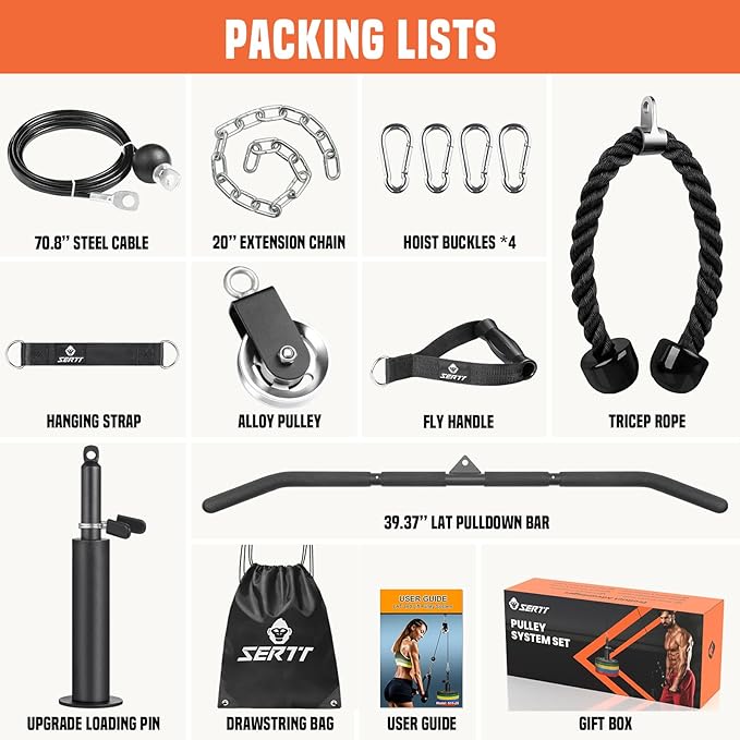 SERTT Cable Pulley System Gym, Power Rack Pulley Attachment with 2-in-1 LAT Pull Down Bar and Upgraded Loading Pin,Used for Triceps Pulldown, Biceps, Back, Shoulder