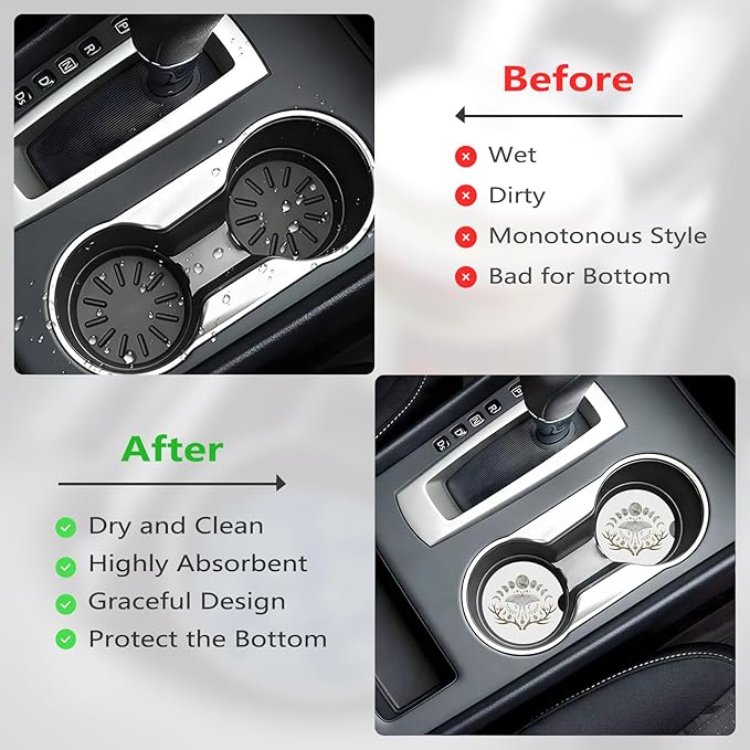 Car Cup Holder Coasters, 2 Pcs Ceramic Coasters with Finger Slot and Cork Back, Anti-Slip Shock Absorbing Women and Men Universal Car Accessories - White Butterfly