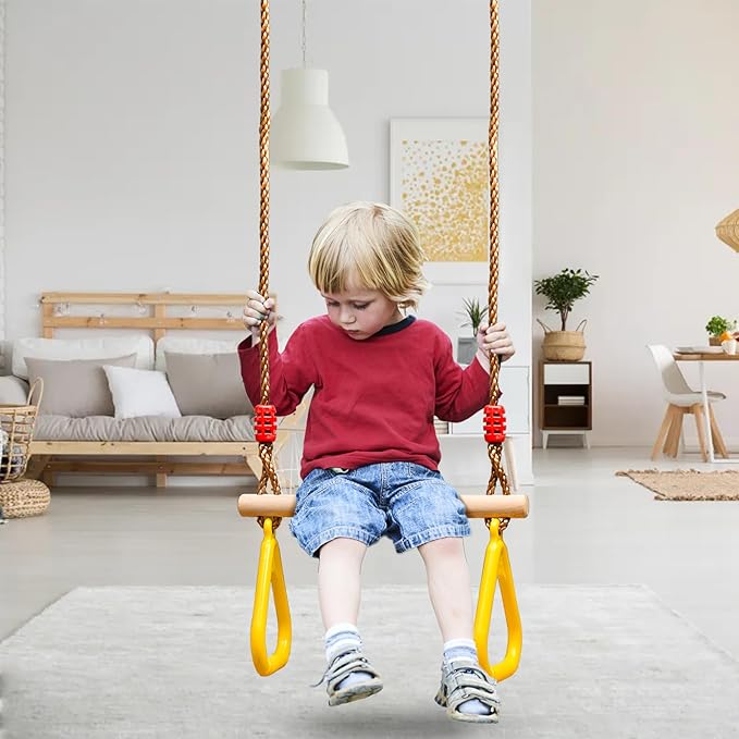 Trapeze Bar, 16" Adjustable Height Wooden Swing Set, Trapeze Climbing Bar Assembly with Rings, Gym Hanging Accessories Playground Attachments