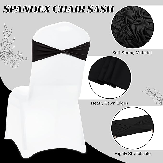 VDS Pack of 100 PCS | Black | Spandex Chair Sashes Bows Without Buckle | Stretch Elastic Banquet Universal Folding Chair Band Tie with for Wedding Party Conference Celebration Event Decoration