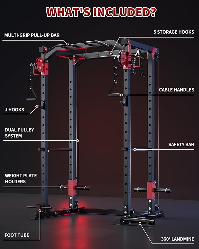 GarveeLife Power Cage, Power Rack with Cable Crossover System, 2000LBS Squat Rack with LAT Pull Down System, Workout Cage with Pulley System for Fitness Home Gym Strength Training(Red and Black)