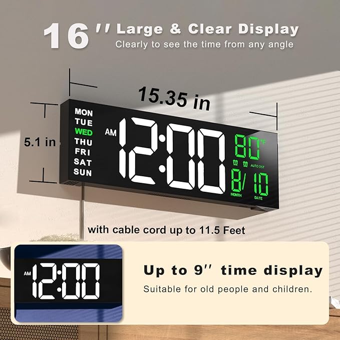 JALL 16" Large Digital Wall Mount Clock, Count Down Timer, Alarm, Big LED, RGB Color, DST, Temperature for Living Room Classroom Desk, Xmas, Birthday Gift for Senior Mom Dad (White Green, 16 inches)