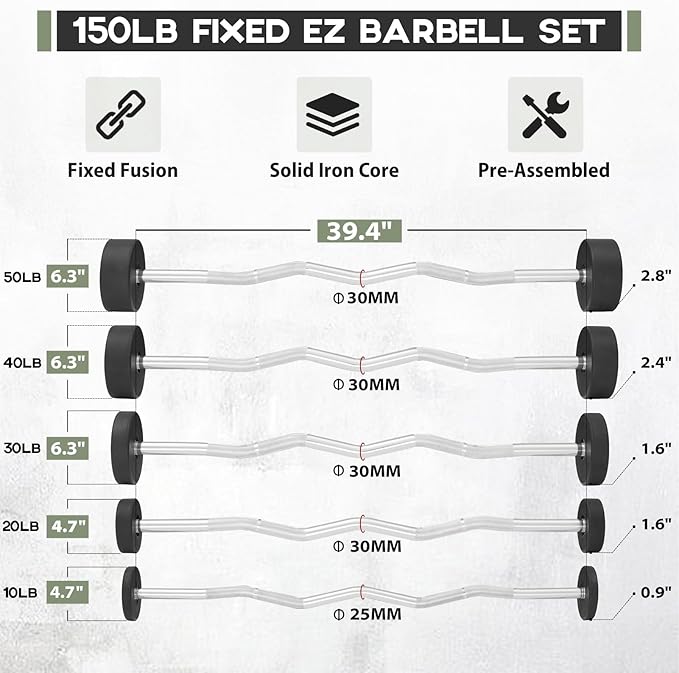 Mikolo Fixed Barbell, Pre-Loaded Weight EZ Curl Bar, PVC Barbell Weight Set for Strength Training and Weightlifting