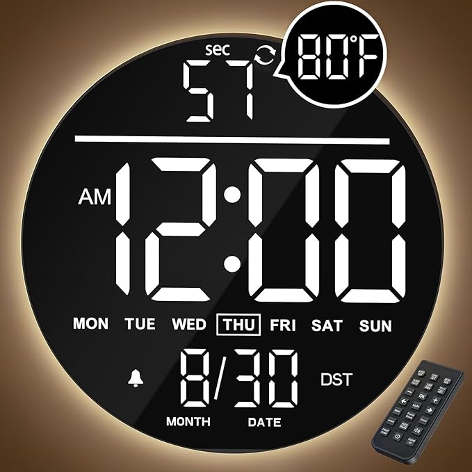 JALL 10" Large Digital Wall Clock with Seconds, Alarm Countdown Timer, Big LED Display, RGB Color, DST, Temperature, Mounted for Bedroom Living Room Office Classroom Gym, Xmas Birthday Gift, White