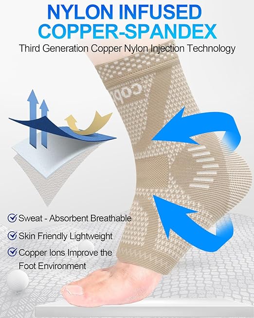 LISEPWU Copper Ankle Brace, Copper Infused Ankle Support Compression Sleeve for Men & Women, for Foot Pain Relief, Sprained Recovery, Achilles Tendonitis, Daytime or Night Use(Skin White L)