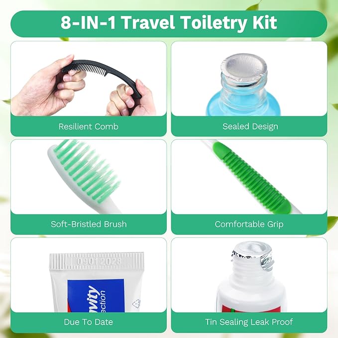 100 Set Personal Care Travel Toiletries Sets Bulk,8-IN-1 Disposable Toothbrushes with Toothpaste and Floss,Mouthwash,Comb,Soap,Cover,Zip Bag Toiletry Travel Toothbrush Kit for Homeless,Hotel,Charity