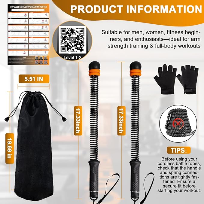 Portable Ropeless Battle Ropes, Adjustable Weights Cordless Battle Ropes for Home Gym with Storage Bag, Weighted Exercise Equipment for Low-Impact Workout, Strength & HIIT, for Men & Women (Black)