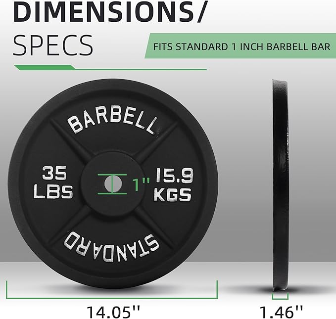 Fitvids 1 Inch Standard Barbell Weight Plates, 2.5 LB to 45 LB Plates for Home Gym Strength Training, Deep Grip Edge