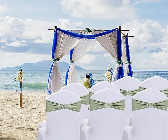Spandex Sage Green Chair Sashes Bows 50 PCS Stretch Chair Bands with Silver Buckles Slider Universal Elastic Chairs Ties for Wedding Party Birthday Banquet Bridal Shower Engagement Events Decor