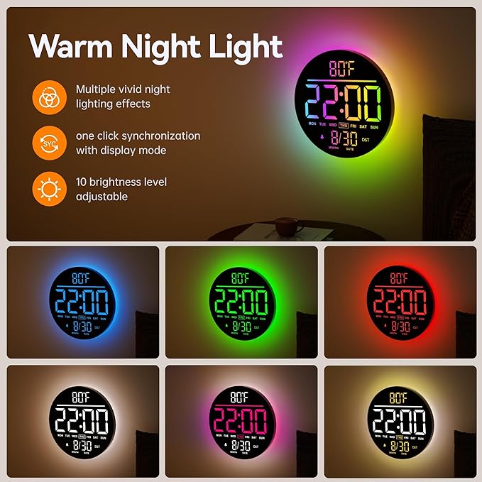 JALL 10" Large Digital Wall Clock with Seconds, Alarm Countdown Timer, Big LED Display, RGB Color, DST, Temperature, Mounted for Bedroom Living Room Office Classroom Gym, Xmas Birthday Gift, White