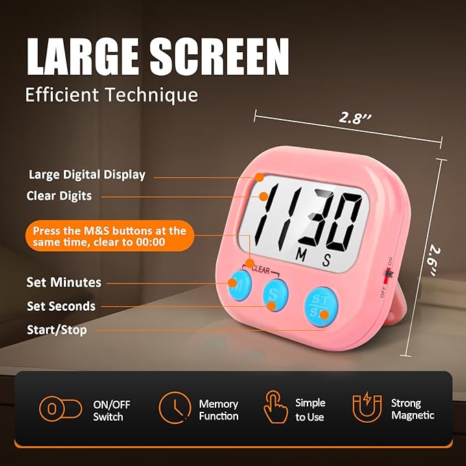 2 Pack Kitchen Timers Loud Ring Digital Timers for Cooking Magnetic Pink