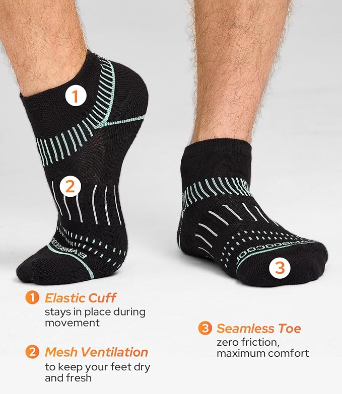 BAMBOO COOL Men's Athletic Ankle Socks Moisture Wicking, Anti-Odor Breathable Running Mesh Socks Arch Support, 8 Pack
