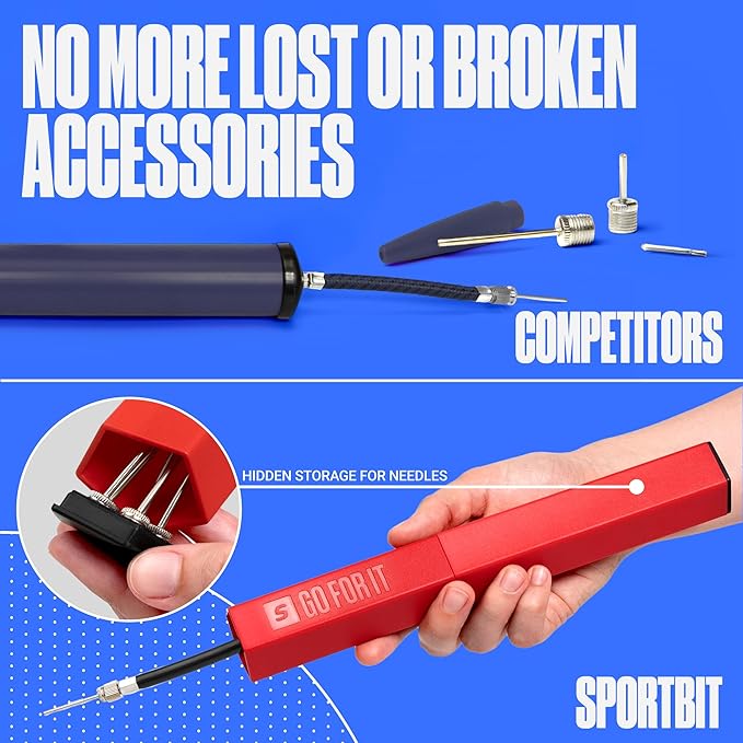 SPORTBIT Ball Pump for Sports Balls - Push & Pull Inflating System - Hand Pump for All Exercise Balls - Volleyball Pump, Basketball Inflator, Football & Soccer Ball Air Pump - Goes with 5 Needles Set
