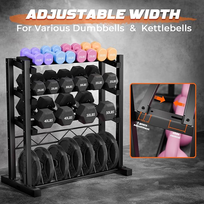 Upgraded 4-Tier Dumbbell Rack, 1100LBS Weight Rack for Home Gym, Barbell Holder Bumper Plate Storage Rack with Adjustable Height & Width Design, Heavy Duty Weight Storage Organizer (Rack Only)