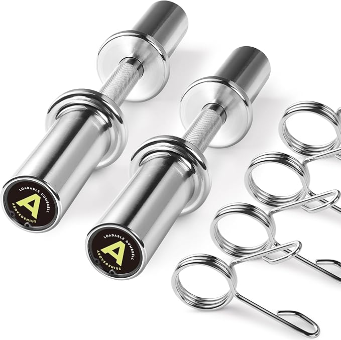 16" Olympic Dumbbell Handles, Solid Steel Loadable Weight Bars for 2-Inch Plates, Adjustable Home Gym Strength Training Equipment (Includes 4 Spring Collars)