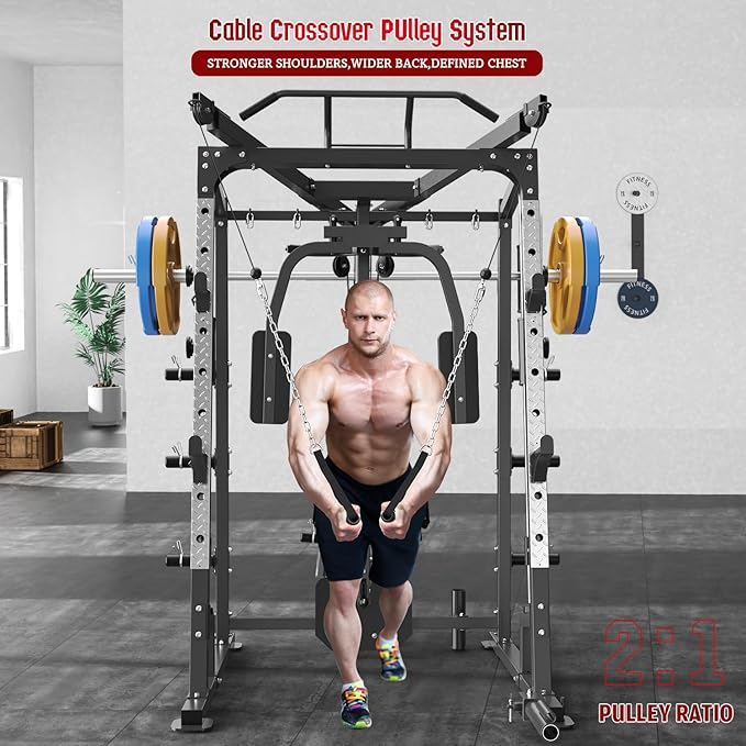 SunHome Smith Machine, Power Cage Squat Rack with Smith Bar, LAT Pull-Down Systems, Cable Crossover Machine and Cable Attachment for Home Gym