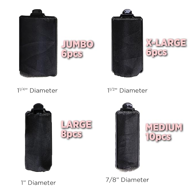 DONNA Silky Sastin Foam Roller 7/8"(D) MEDIUM 10PCS Hair Curlers with Clips for Heatless Hairdressing and Styling - BLACK