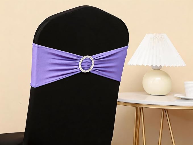 Pack of 50 Spandex Lavender Chair Sashes for Wedding - Light Purple Chair Bows Bands Buckles Fitting Birthday Party Ceremony Bridal Shower Decorations
