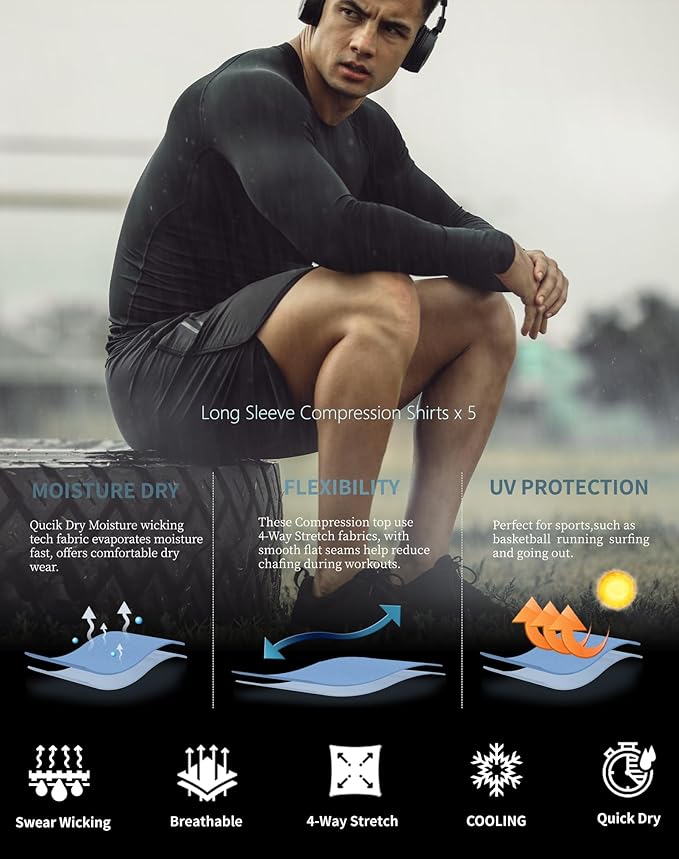 5 or 4 Pack Compression Shirts for Men Long Sleeve Athletic Base Layer Undershirt Gear T Shirt for Workout