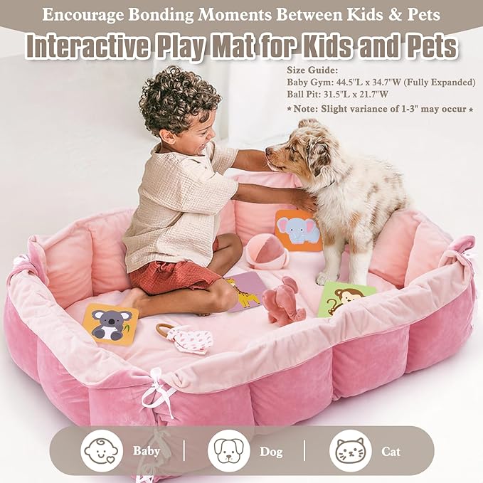 5-in-1 Plush Baby Play Gym, Baby Play Mats, Convertible Baby Gym, Tummy time mat, 6 Sensory Toys, Activity Center, Ball Pit, Light Pink