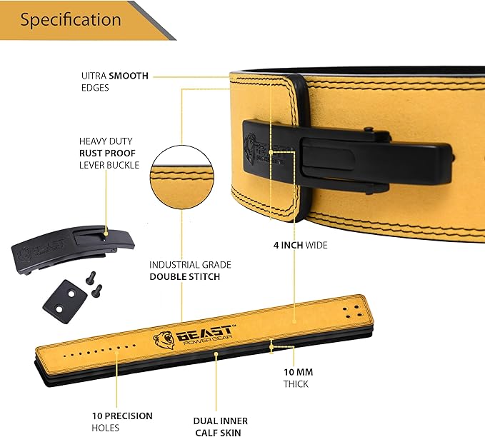 Beast Power Gear Weight Lifting 10MM 13MM Leather Lever Belt Powerlifting - Free Strap Lower Back Support for Weightlifting, Deadlifts, Squats, Power Belt - Men & Women
