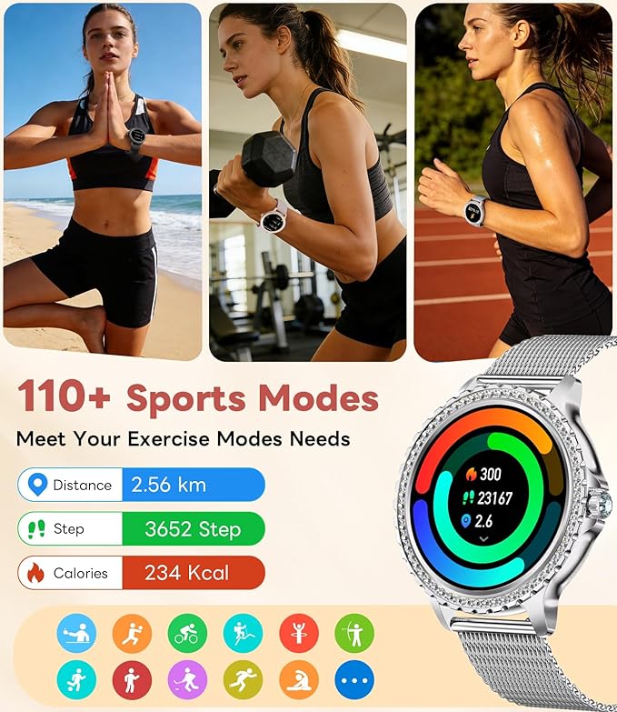Smart Watch for Women Diamond, Bluetooth Calls, 1.32-inch HD Screen Round Fitness Tracker with Menstrual Cycle/Sleep/Heart Rate Monitor, 100+ Sports Mode, Android/iOS Phone, Silver